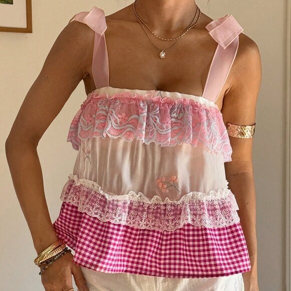 Pink Boho Women's Vacation Plaid multi print Lace Splicing Camisole top - Picture 5 of 7